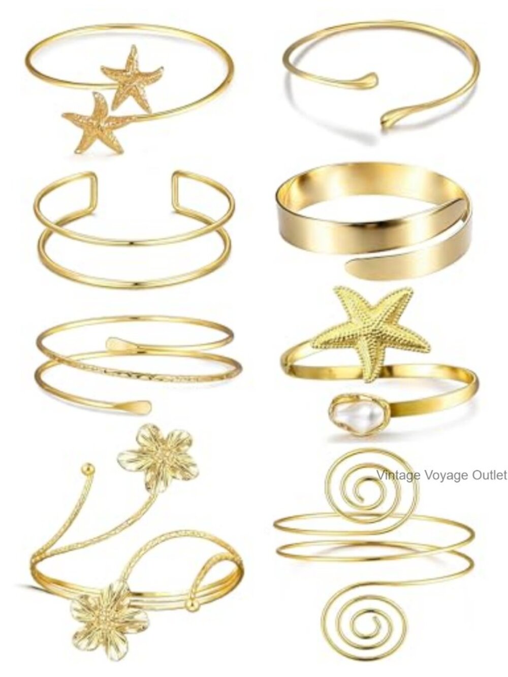 8Pc Gold Plated Arm Cuff Bracelet Set Starfish Flower Open Cuff Stackable Boho